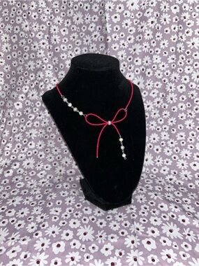 Delicate handmade Pink Bow Pearl Necklace